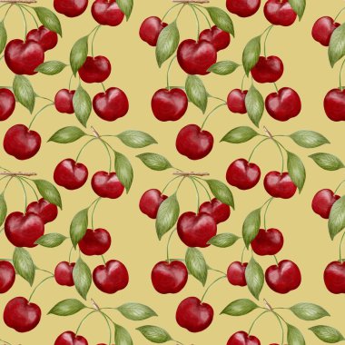 Canlı kırmızı kirazlar ve yeşil yapraklar yumuşak sarı bir zemin üzerinde kusursuz bir desen oluşturur, tekstil için mükemmeldir..