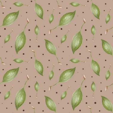 Bu desen yumuşak kahverengi bir arkaplan üzerine saçılmış kiraz yaprakları sergiliyor, kumaş veya ambalaj için ideal.