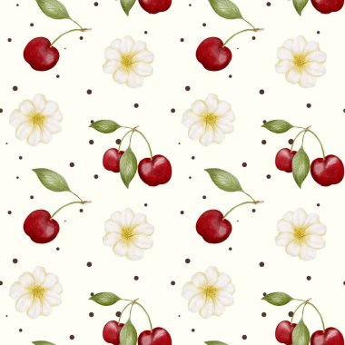 Yumuşak bir arka planda parlak kirazlar ve kiraz çiçekleri olan kusursuz bir tasarım, tekstil için mükemmel..