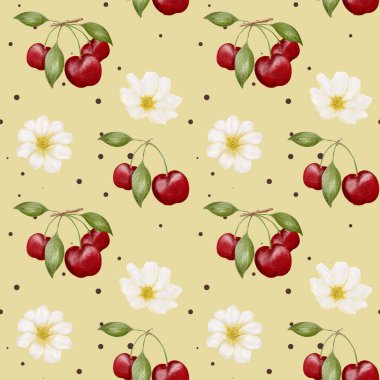 Bu pürüzsüz desen, yumuşak sarı arka planda canlı kiraz çiçekleri ve kirazları barındırır..