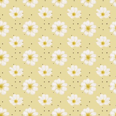 Kiraz çiçekleri açık sarı bir zemin süsler, kumaş ve ambalaj için kusursuz bir desen yaratır..