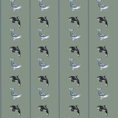 Bu pürüzsüz tekstil yumuşak yeşil arka planda balina ve fok balıklarının eğlenceli bir tasarımını içeriyor. Paketlemek için mükemmel..