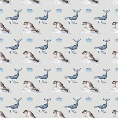 Hafif bir arka planda oyuncu balinalar ve foklar içeren kusursuz tekstil, çeşitli paketleme projeleri için idealdir..