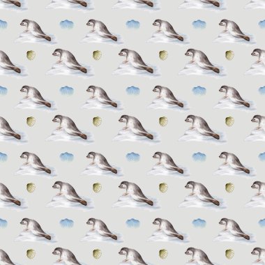 Balinalar, foklar ve su motifleri içeren, kumaş ve ambalaj için ideal, eğlenceli, pürüzsüz bir tekstil deseni..