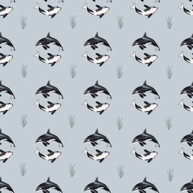 Bu eşsiz tekstil tasarımı, sürdürülebilir ambalaj için mükemmel narin yosunlar arasında neşeli balinalar ve foklar barındırır..