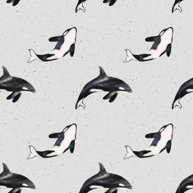 Dekoratif fok motifleri arasında açık gri bir zemine karşı yüzen kusursuz kumaşlar..