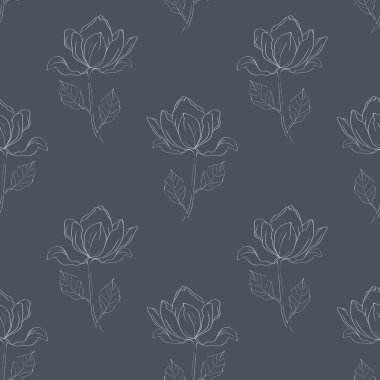 Kusursuz bir manolya deseni narin çiçekleri ve koyu arkaplanda yaprakları var, kumaş için mükemmel..