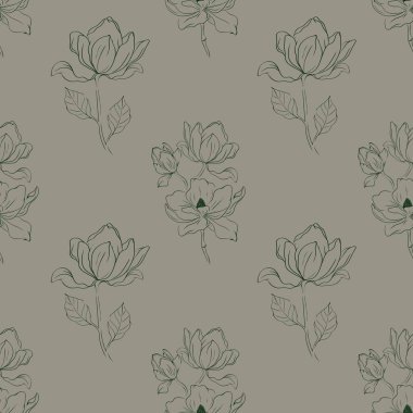 Zarif manolya çiçekleri ve yaprakları, kumaş ve duvar kağıdı için mükemmel, kusursuz bir tekrarlama deseni oluşturur..