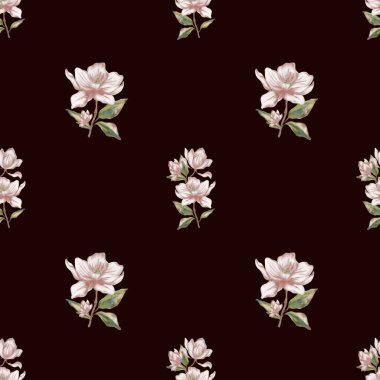 Bu yumuşak suluboya deseni, kumaş ve ambalaj kağıdı için mükemmel olan koyu arkaplan üzerinde manolya çiçeklerini barındırır..