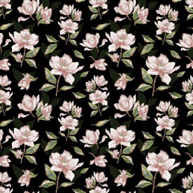 Narin manolya çiçekleri, tekstil, ambalaj ve duvar kağıdı tasarımları için mükemmel, pürüzsüz bir suluboya deseni yaratır..