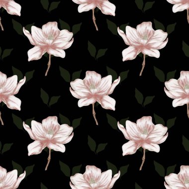 Suluboya içindeki narin manolya çiçekleri kumaşlar, ambalajlar ve duvar kağıtları için kusursuz bir desen oluşturur..