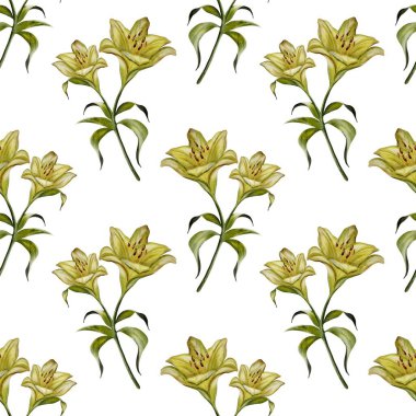 Zarif sarı zambaklar, kumaş ya da duvar kağıdı için mükemmel, kusursuz bir desen içinde sanatsal olarak düzenlenmiştir..