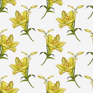 Güzel sarı zambaklar kumaş ve ambalaj kağıdı için uygun, pürüzsüz bir suluboya deseninde düzenlenmiş..