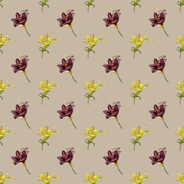 Sarılı ve mor renkli zambaklar kusursuz suluboya desenli kumaş ve ambalaj için mükemmel..