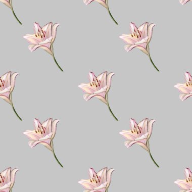 Yumuşak pembe zambaklar kusursuz bir şekilde dizilmiş. Tekstil ambalajı ve dekoratif duvar kağıdı tasarımları için mükemmel..