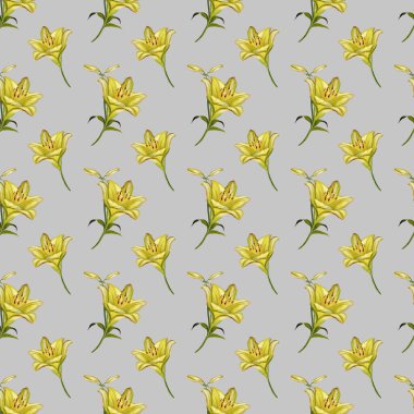 Zarif sarı zambaklar, tekstil ve ambalaj tasarımları için mükemmel, pürüzsüz bir suluboya deseni ile düzenlenir..