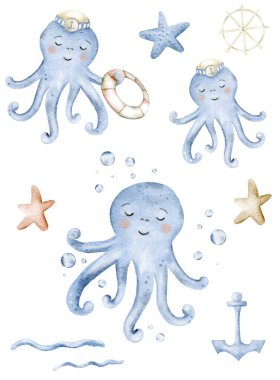 İki yavru mavi ahtapot, yıldızlar, baloncuklar ve bir can simidi gibi deniz elementleriyle çevrili yüzmeyi severler..