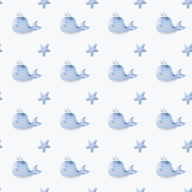 Büyüleyici mavi balinalar ve deniz yıldızları bebek kumaşları ve duvar kağıtları için mükemmel bir desen oluştururlar..