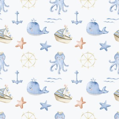 Bu pürüzsüz deniz deseninde neşeli deniz canlıları ve rahatlatıcı bebek mavisi tonlarında deniz unsurları sergileniyor..