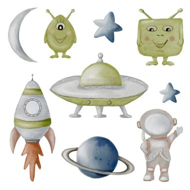 Charming watercolor art features whimsical aliens, rockets, and planets on a clean background, ideal for baby textiles. clipart