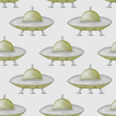 Tuhaf tasarım beyaz arka planda tekrarlanan sevimli bebek uzaylı uzay gemilerini sergiliyor. Tekstil ve dekor için mükemmel.