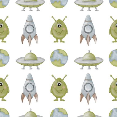 Şirin bebek uzaylıları, roketleri ve gezegenleri gösteren suluboya desenler. Tekstil ve kumaş tasarım projeleri için mükemmel..