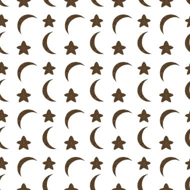 Altın yıldızları ve hilal aylarını beyaz arkaplan üzerinde barındıran kusursuz bir desen. Tekstil için ideal..