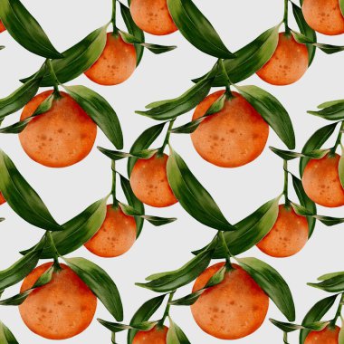 Bu tasarım, taze yeşil yapraklarla çevrili güzel boyanmış mandalinaları içeriyor, canlı bir desen oluşturuyor..