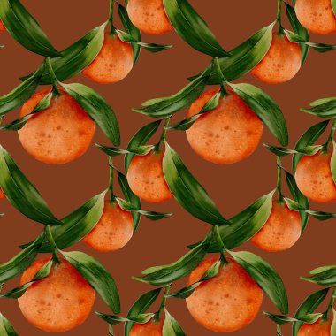 Bu tasarım, tekstil ve ambalaj kağıdı için ideal, pürüzsüz desenli suluboya mandalinalar sergiliyor..