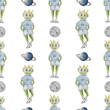 Bu kusursuz desen, beyaz arka planda gezegenler ve aylarla birlikte neşeli giyinmiş tuhaf uzaylıları gösteriyor..