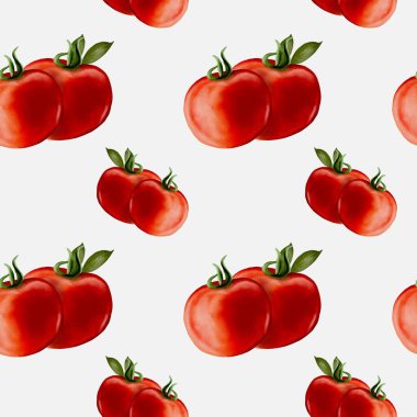 This textile design showcases a seamless watercolor of vibrant red tomatoes and green leaves, perfect for many uses. clipart