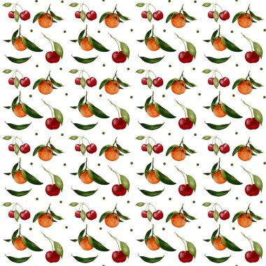 Yeşil yapraklı domates ve kirazlar içeren renkli desenler, kağıt veya kumaş tasarımları için uygundur.