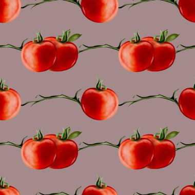 Bu canlı tasarım, yumuşacık arkaplan üzerinde domateslerin tekstil ve ambalaj için uygun tekrarlayan bir kalıbını içerir..