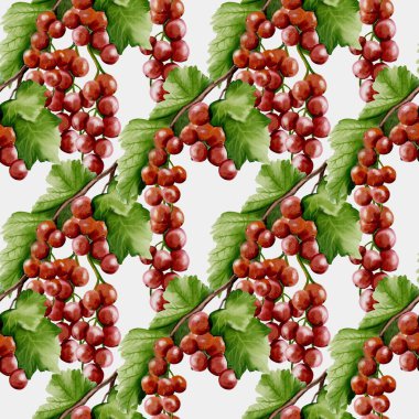 Bu pürüzsüz tasarım, bereketli yeşil yapraklı, tekstil ve ambalaj projeleri için mükemmel kırmızı üzümler içerir..