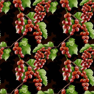 Bu canlı suluboya desenleri yeşil yapraklı, kumaş ve ambalaj tasarımı için mükemmel kırmızı üzümleri gösteriyor..