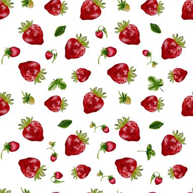 Parlak kırmızı çilekler beyaz arka planda eğlenceli bir şekilde düzenlenir, tekstil ve dekoratif kullanım için idealdir.