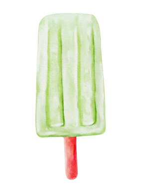 Canlı yeşil bir dondurma, beyaz arka planda suluboya tasarımı sergilenen kırmızı bir çubuğun üzerinde duruyor..