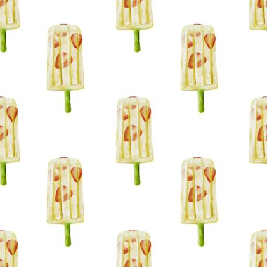 Çok yönlü kullanım için beyaz bir arkaplan ile meyveli tasarımları olan dondurmalı dondurmaları içeren parlak ve neşeli desen.