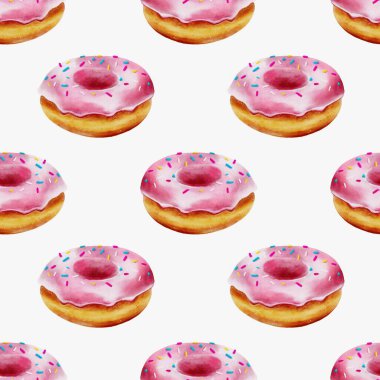 Pembe kremalı ve renkli şekerli parlak renkli çörekler beyaz bir arkaplanda pürüzsüz bir şekilde düzenlenir..