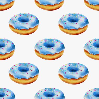 Tasarım, beyaz arka planda mavi kremalı ve renkli serpiştirilmiş kusursuz bir donut deseni içeriyor..