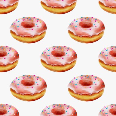 Bu eşsiz desen, kumaş ve ambalaj tasarımları için ideal pembe şekerli suluboya çörekler içerir..