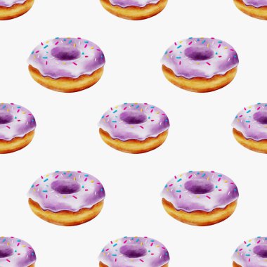 Mor kremalı ve şekerli donutlar içeren suluboya desenli, çeşitli tasarım projeleri için idealdir..