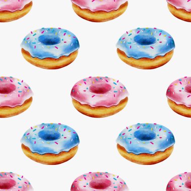 Bu tasarım, çeşitli tekstil uygulamaları için mükemmel, canlı renklerde suluboya donutların kusursuz bir örüntüsünü içerir..
