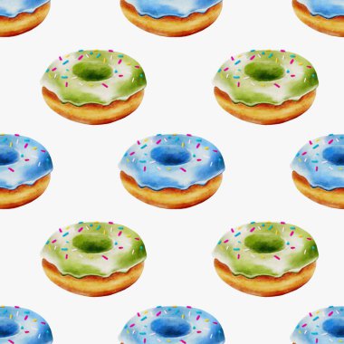 Bu pürüzsüz desen, kumaş, duvar kağıdı ve dekor için ideal yeşil ve mavi renkli suluboya çörekler içeriyor..