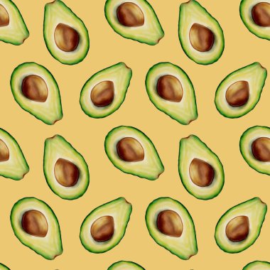 Bu desen, kumaş ve ambalaj projeleri için mükemmel, parlak sarı bir zemin üzerinde dilimlenmiş avokadolar içerir..