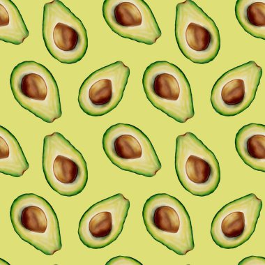 Bu tasarım, canlı sarı bir zemin üzerinde suluboya avokado dilimlerinin tekstil için mükemmel yinelenen bir kalıbını içerir..