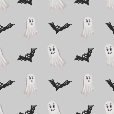 Bu kusursuz tasarım neşeli yarasalar ve dost ruhlar içerir, Cadılar Bayramı temalı tekstil ve ambalaj için mükemmeldir..
