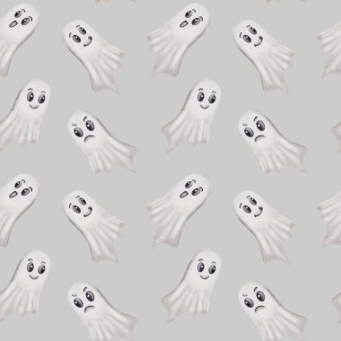 Yarasalar ve hayaletler içeren suluboya tasarımı, Cadılar Bayramı dekorasyonu ve hediye paketleme amaçları için idealdir..