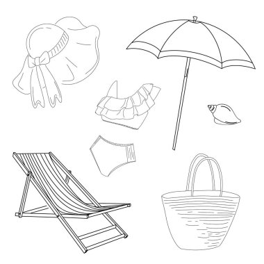 Bu tasarım, beyaz bir arka planda düzenlenmiş güneş şapkası, bikini ve şezlong gibi çeşitli yaz plaj gereksinimlerini sergiliyor..