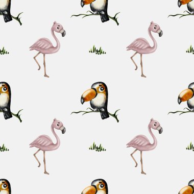 Bu kusursuz tasarım canlı tukanlar ve pembe flamingolar içerir, kumaş, duvar kağıdı ve dekoratif ambalaj projeleri için mükemmeldir..